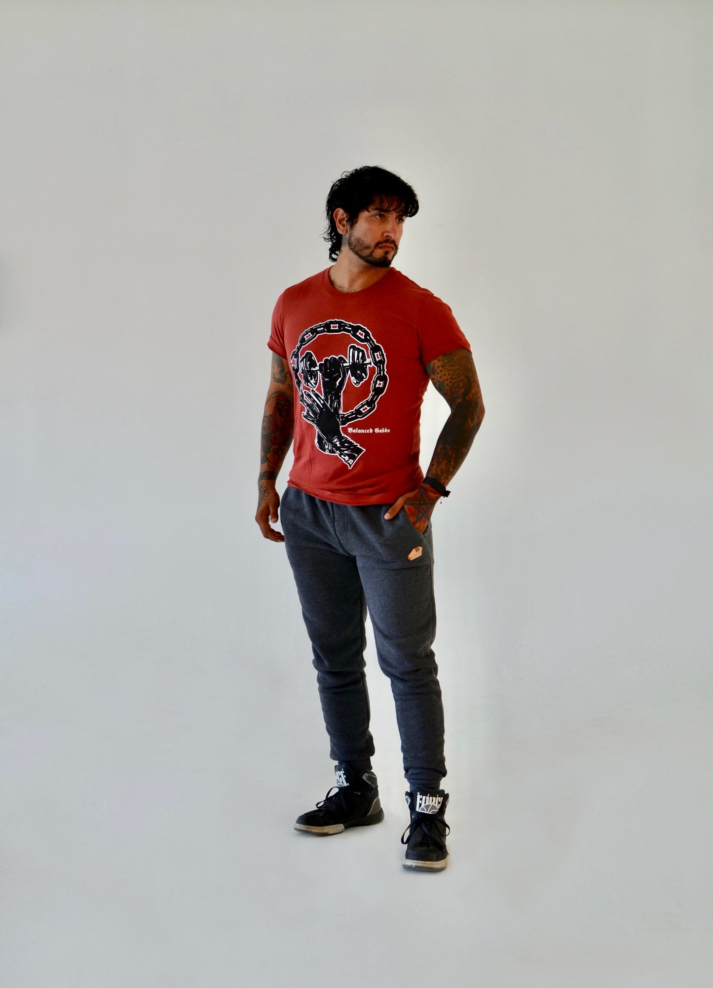 Latex glove with dumbbell t-shirt