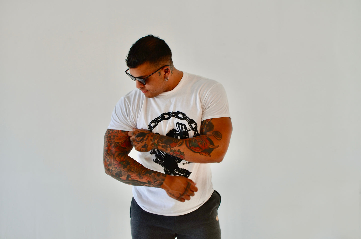 Latex glove with dumbbell t-shirt